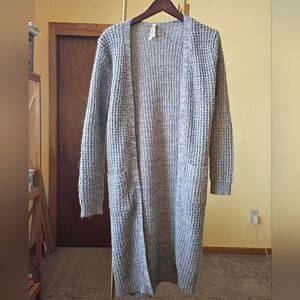 Long Open-Front Gray Knit Cardigan